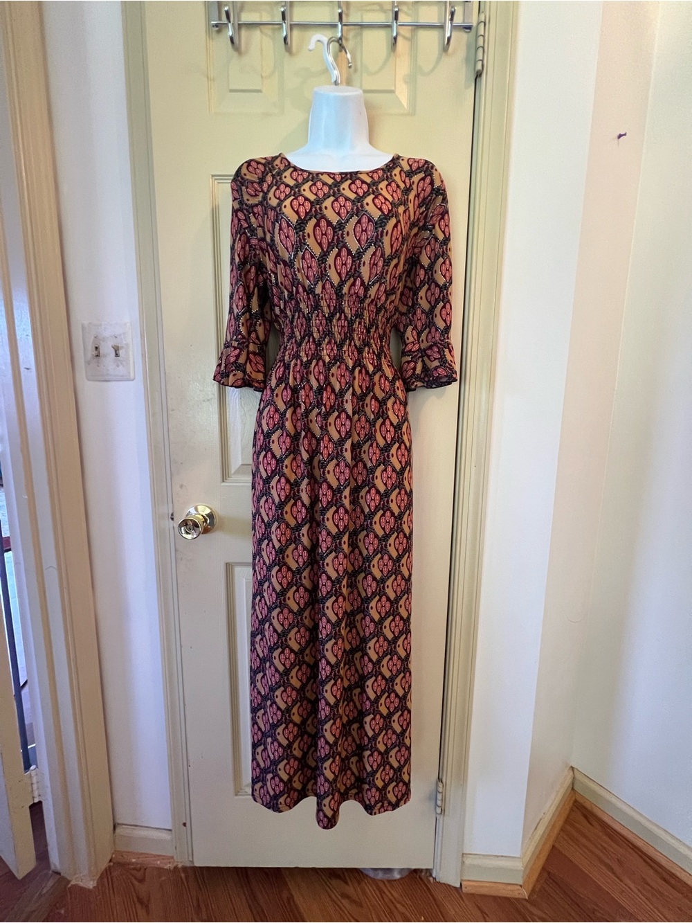 Bohemian Print Maxi Dress in Burgundy and Tan